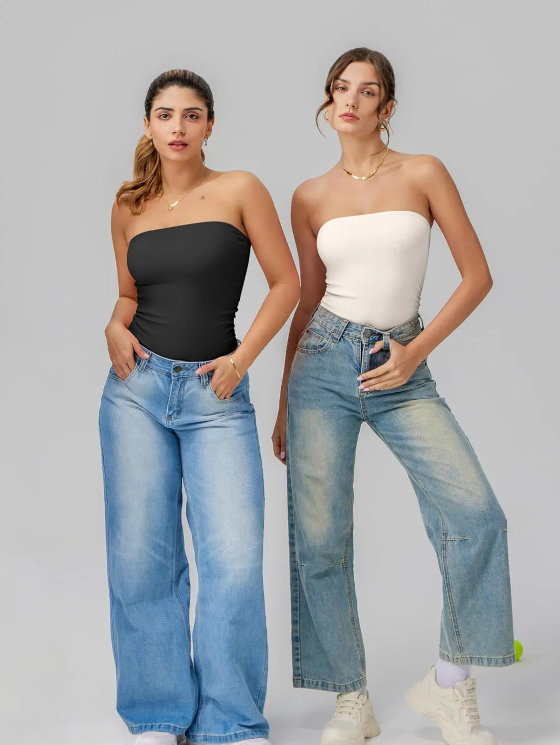 OQQ Womens Tube Bodysuits Strapless Basic Sleeveless Ruched Stretch Classic-Fit Tops Sexy Bodysuits