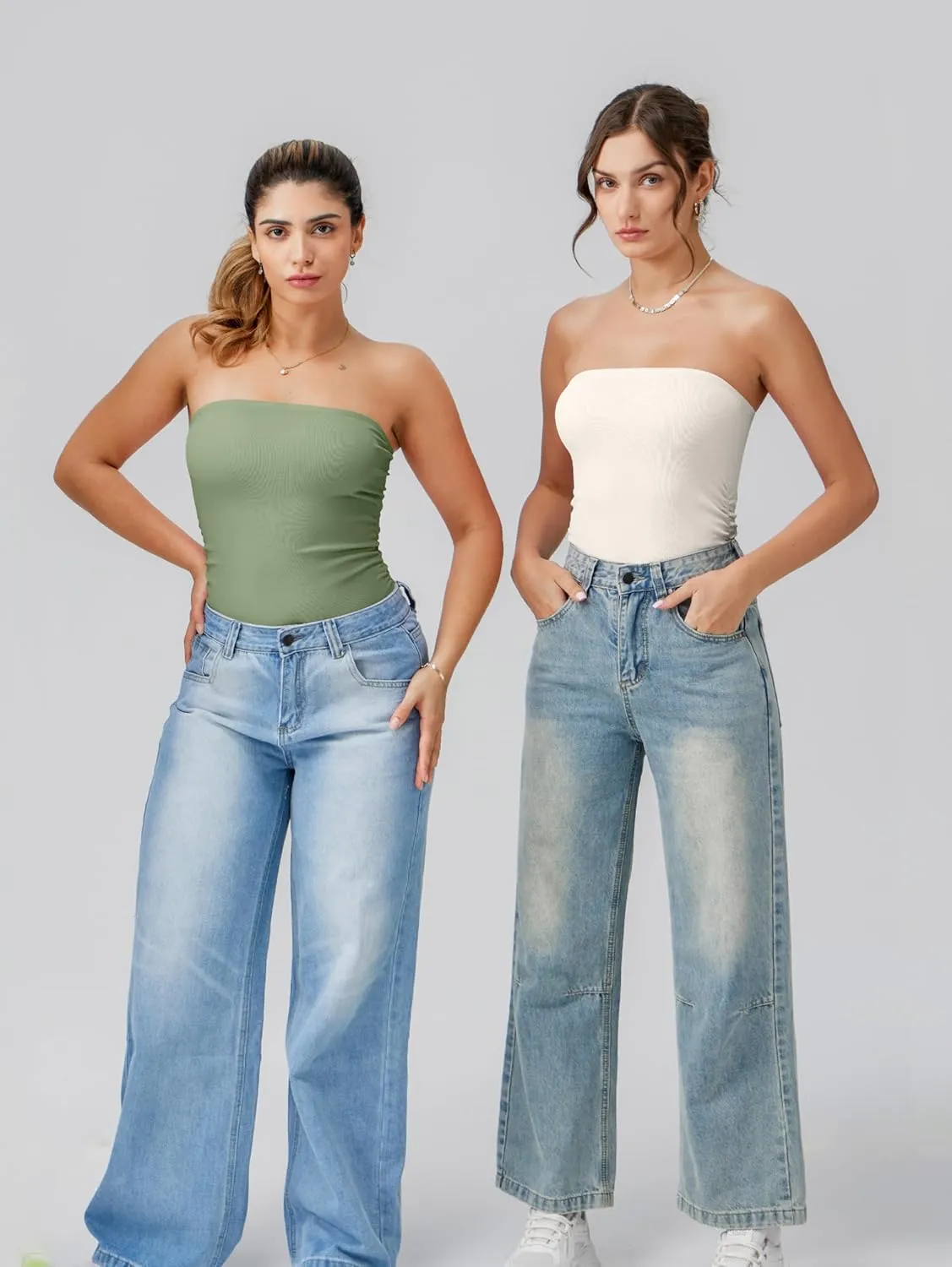 OQQ Womens Tube Bodysuits Strapless Basic Sleeveless Ruched Stretch Classic-Fit Tops Sexy Bodysuits