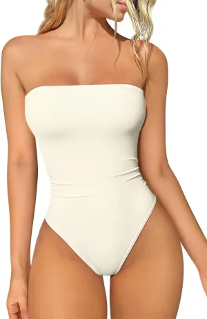 OQQ Womens Tube Bodysuits Strapless Basic Sleeveless Ruched Stretch Classic-Fit Tops Sexy Bodysuits