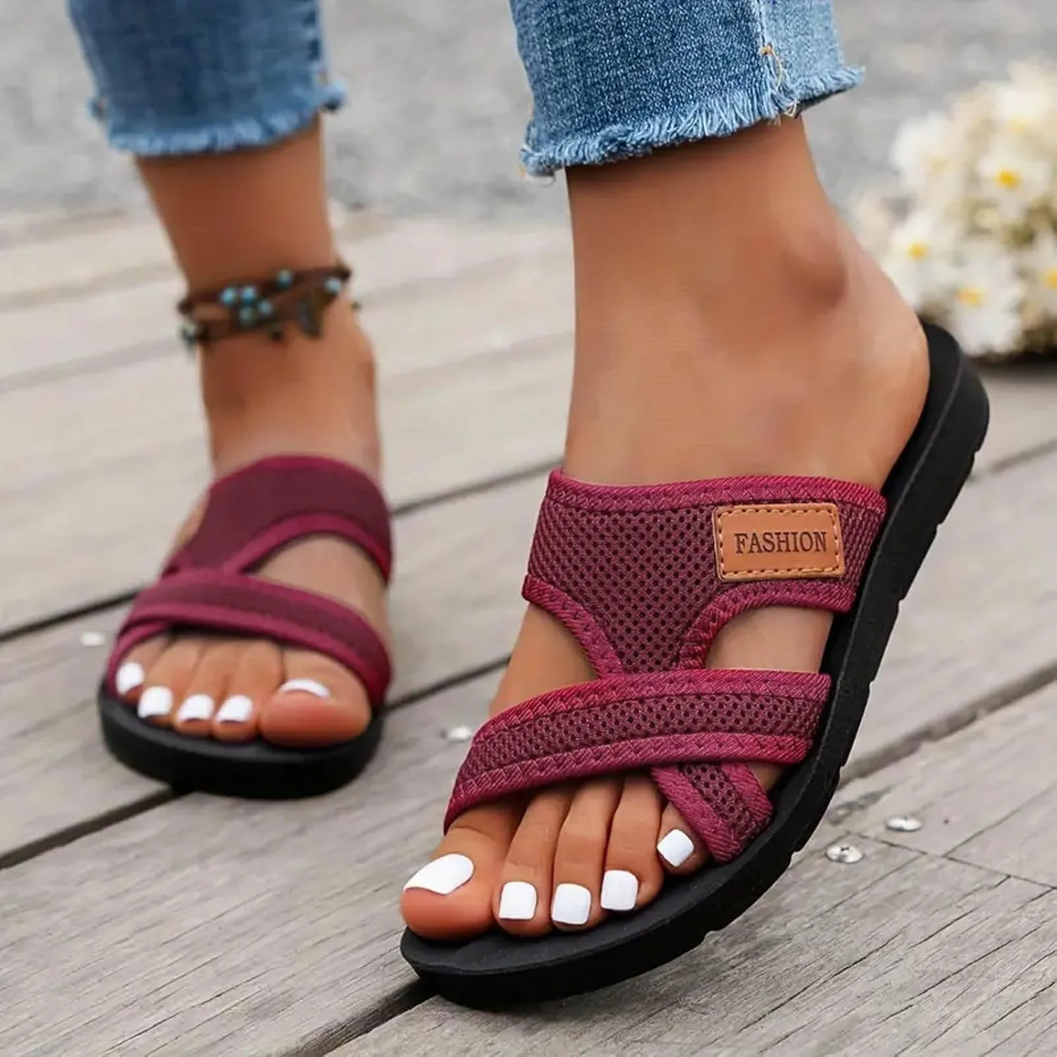Orthopedic Sandals for Women, Women's Hollow Mesh Slide Sandals with Arch Support Comfortable Beach Sandals