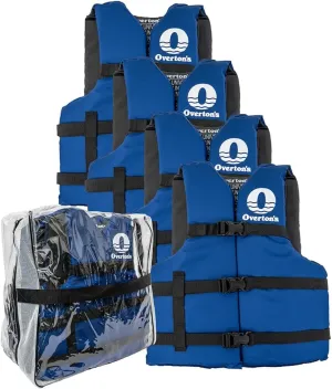 Overton's Universal Adult Life Jacket - Pack of 4, Nylon Shell with Closed-Cell Foam, Open Sides and Sturdy Belts, USCG Approved Type III, Fits Chest Sizes 30" to 52", Includes Zippered Storage Bag