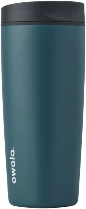 Owala SmoothSip Slider Insulated Stainless Steel Coffee Tumbler, Reusable Iced Coffee Cup, Hot Coffee Travel Mug, BPA Free 20 oz, Grey/Blue (High Dive)