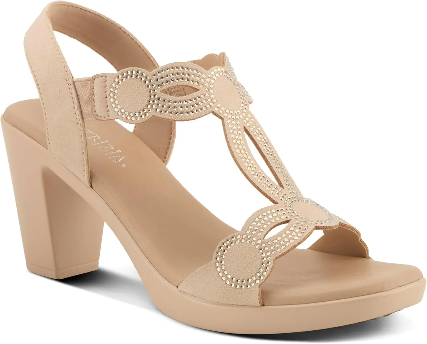PATRIZIA Women's ILLARA Slip-On T-Strap Heels - Crystal Embellished, Elastic Goring, Cushioned Comfort