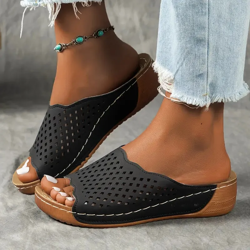 Peep Toe Wedge Slide Sandals