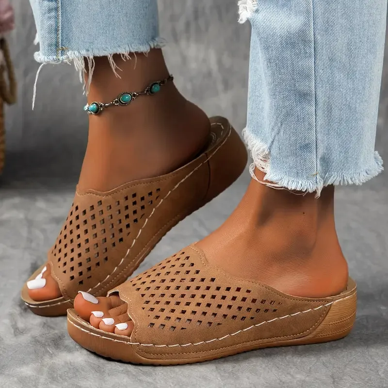 Peep Toe Wedge Slide Sandals