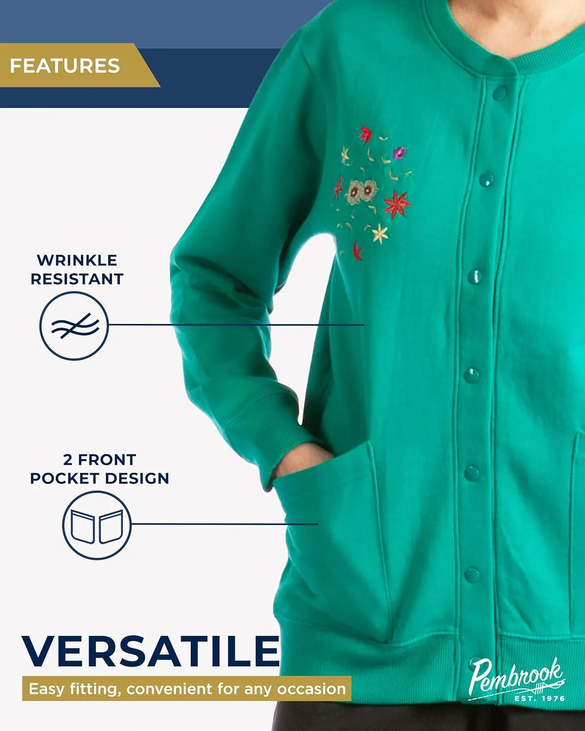 Pembrook Fleece Cardigans for Women with Pockets | Grandma Sweater with Snap Buttons | Embroidery Jackets Clothing for Senior