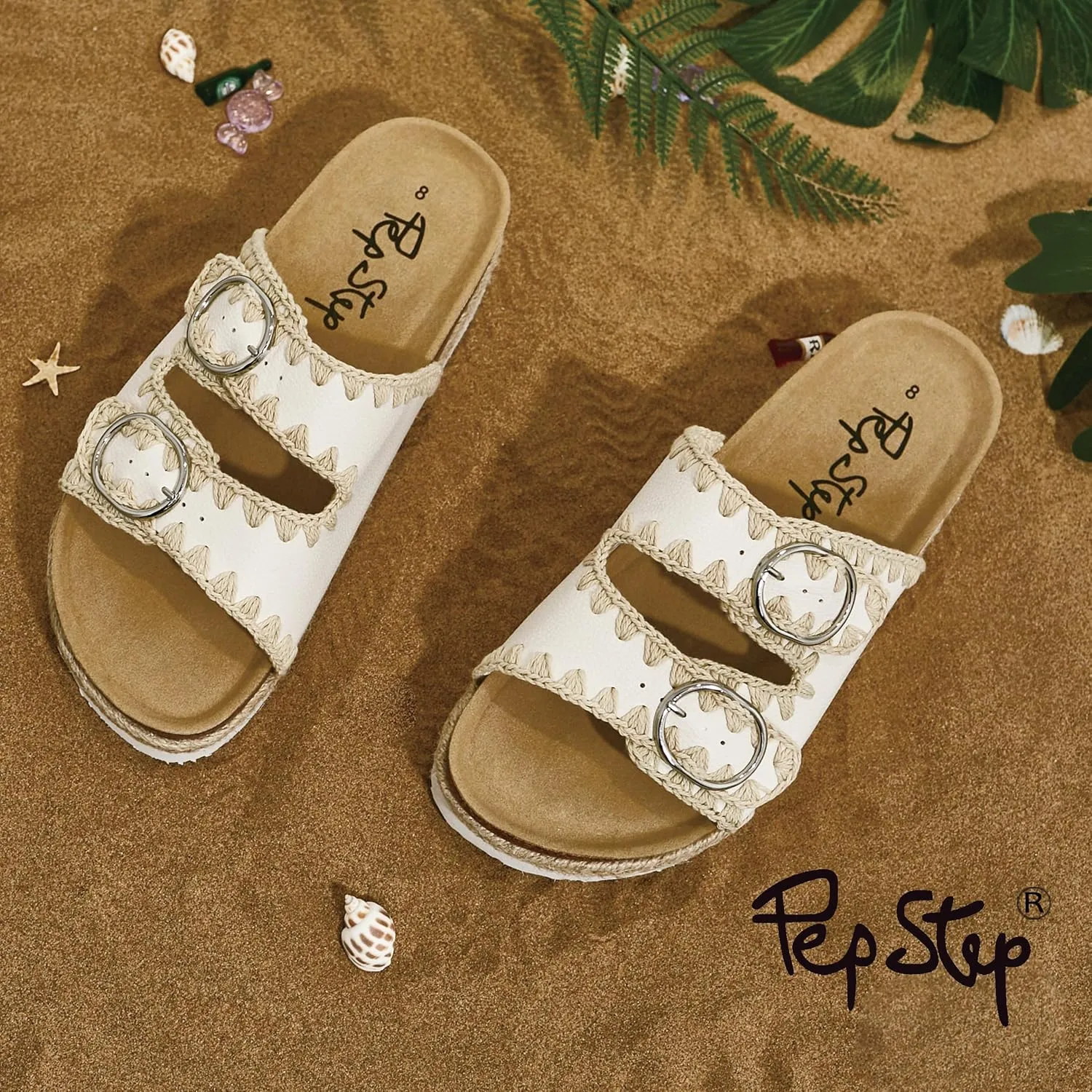 PepStep Slide Sandals for Women with Soft Cork Footbed and Strap, Ladies Fashion Platform Slide Sandals Comfortable Slip On Style