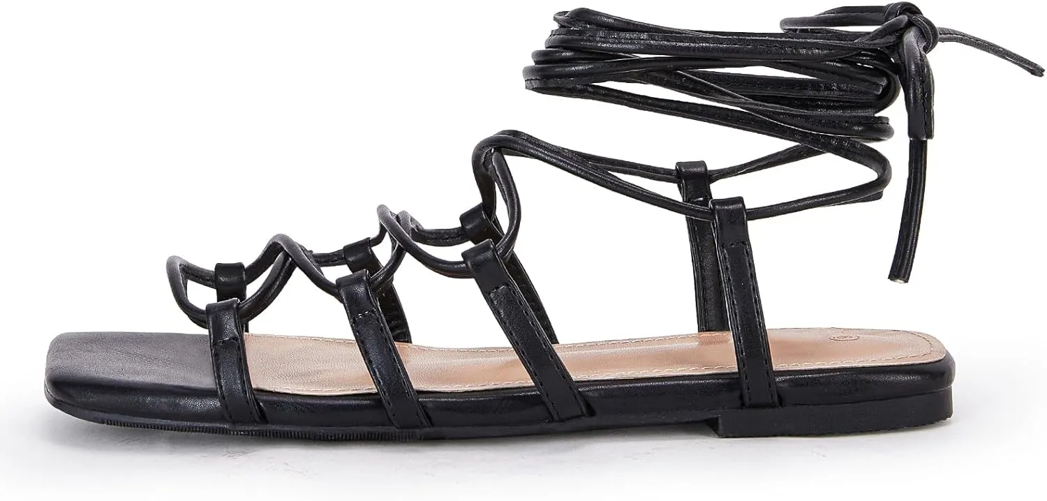 PiePieBuy Womens Lace up Square Toes Flat Sandals with Ankle Strap Summer Criss-Cross Gladiator Shoes