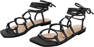 PiePieBuy Womens Lace up Square Toes Flat Sandals with Ankle Strap Summer Criss-Cross Gladiator Shoes