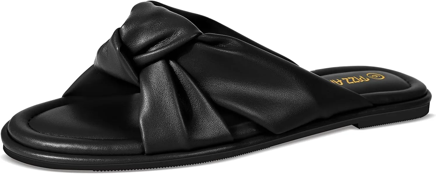 PIZZ ANNU Women's Camila Knotted Slide Sandals with Memory Foam, Comfortable Leather Slip-On Dressy Flat Sandals for Summer & Beach