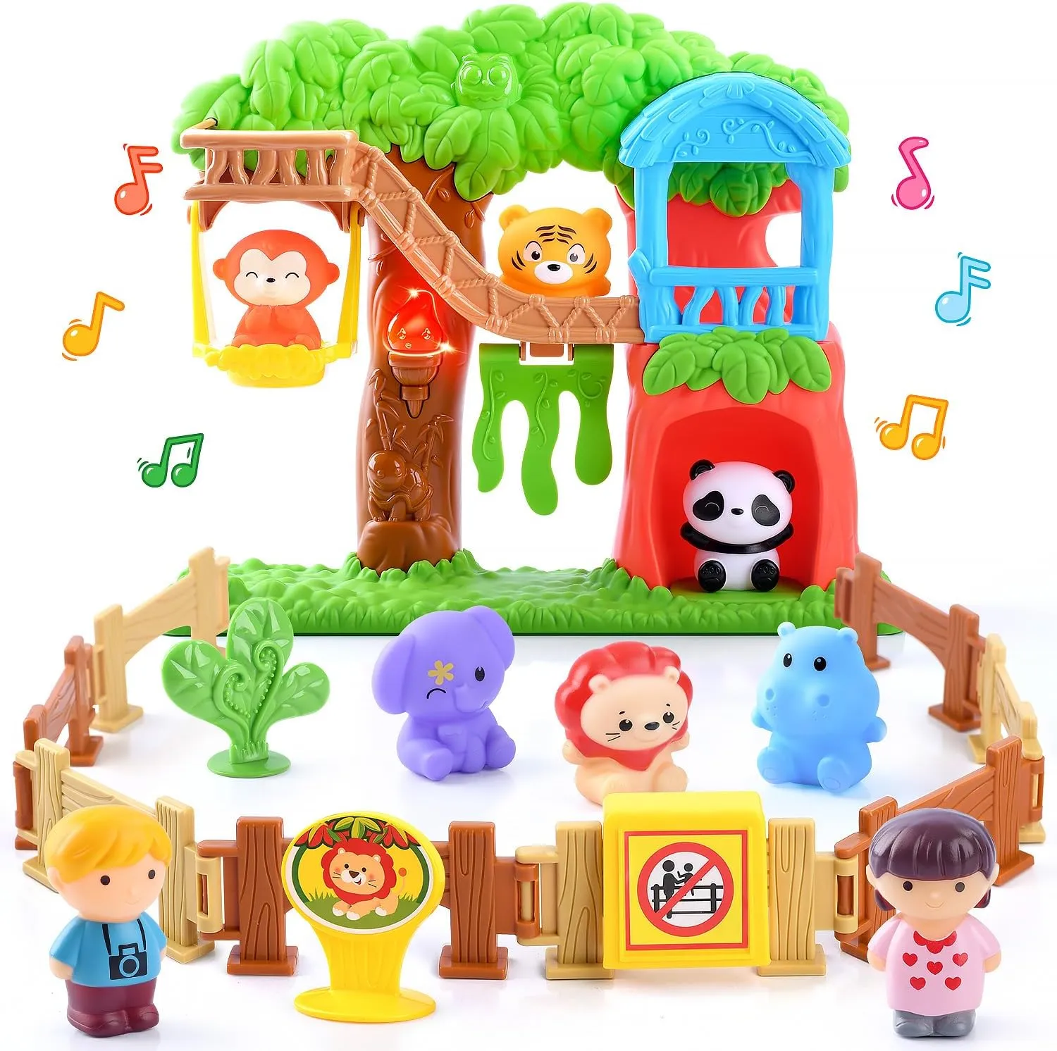 PLAY Safari Animals Figures Toys Playset, 20Pcs Realistic Jungle Forest Zoo Animals Figurines Tree House Playset with Lights & Sounds for Toddlers, Learning Toys Gifts for Girls Boy Ages 18M 