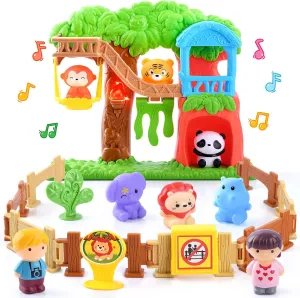 PLAY Safari Animals Figures Toys Playset, 20Pcs Realistic Jungle Forest Zoo Animals Figurines Tree House Playset with Lights & Sounds for Toddlers, Learning Toys Gifts for Girls Boy Ages 18M 