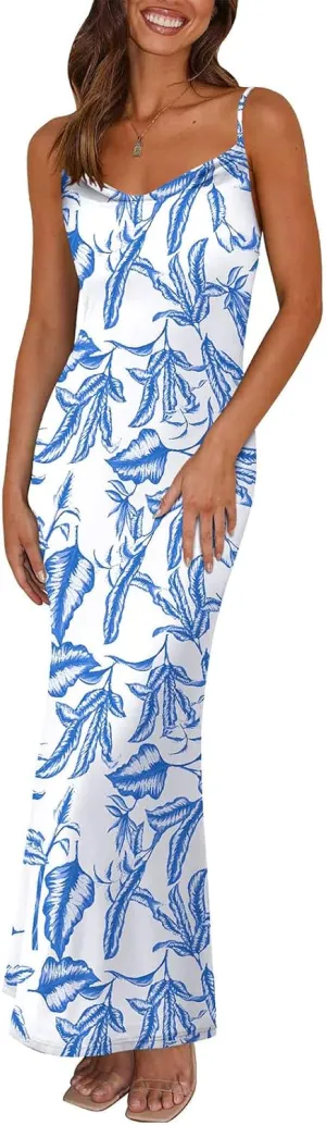 PRETTYGARDEN Women's 2025 Summer Floral Spaghetti Strap Maxi Dress Stretch Sexy Bodycon Dress Backless Slip Long Dresses