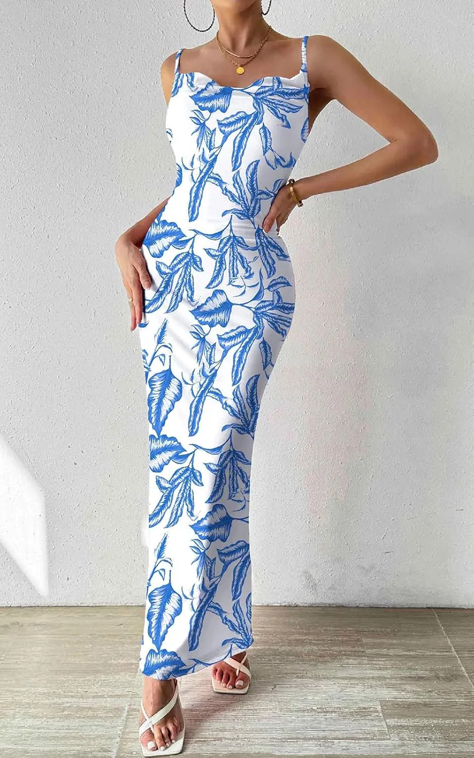 PRETTYGARDEN Women's 2025 Summer Floral Spaghetti Strap Maxi Dress Stretch Sexy Bodycon Dress Backless Slip Long Dresses