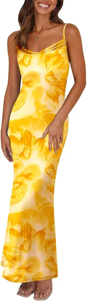 PRETTYGARDEN Women's 2025 Summer Floral Spaghetti Strap Maxi Dress Stretch Sexy Bodycon Dress Backless Slip Long Dresses