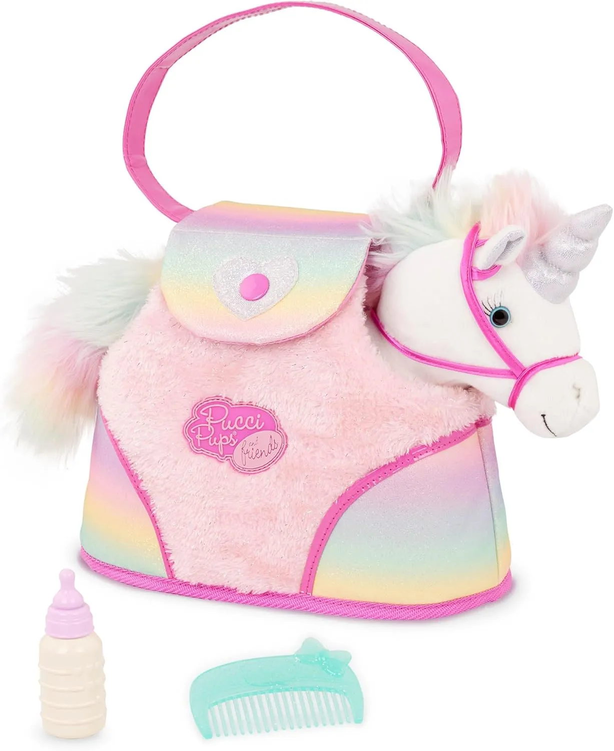 Pucci Pups – Plush Unicorn – Stuffed Animal – Carrier Bag – Comb & Bottle – Kids 3 Years  