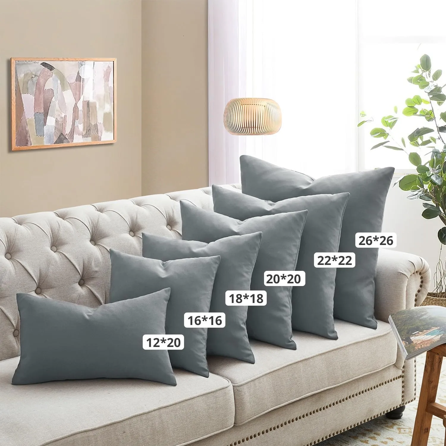 puredown® Outdoor Water Resistant Throw Pillows, Feathers and Down Filled Decorative Pillows for Couch Cushion Garden Bench 12 x 20 Inch, Set of 2, Grey