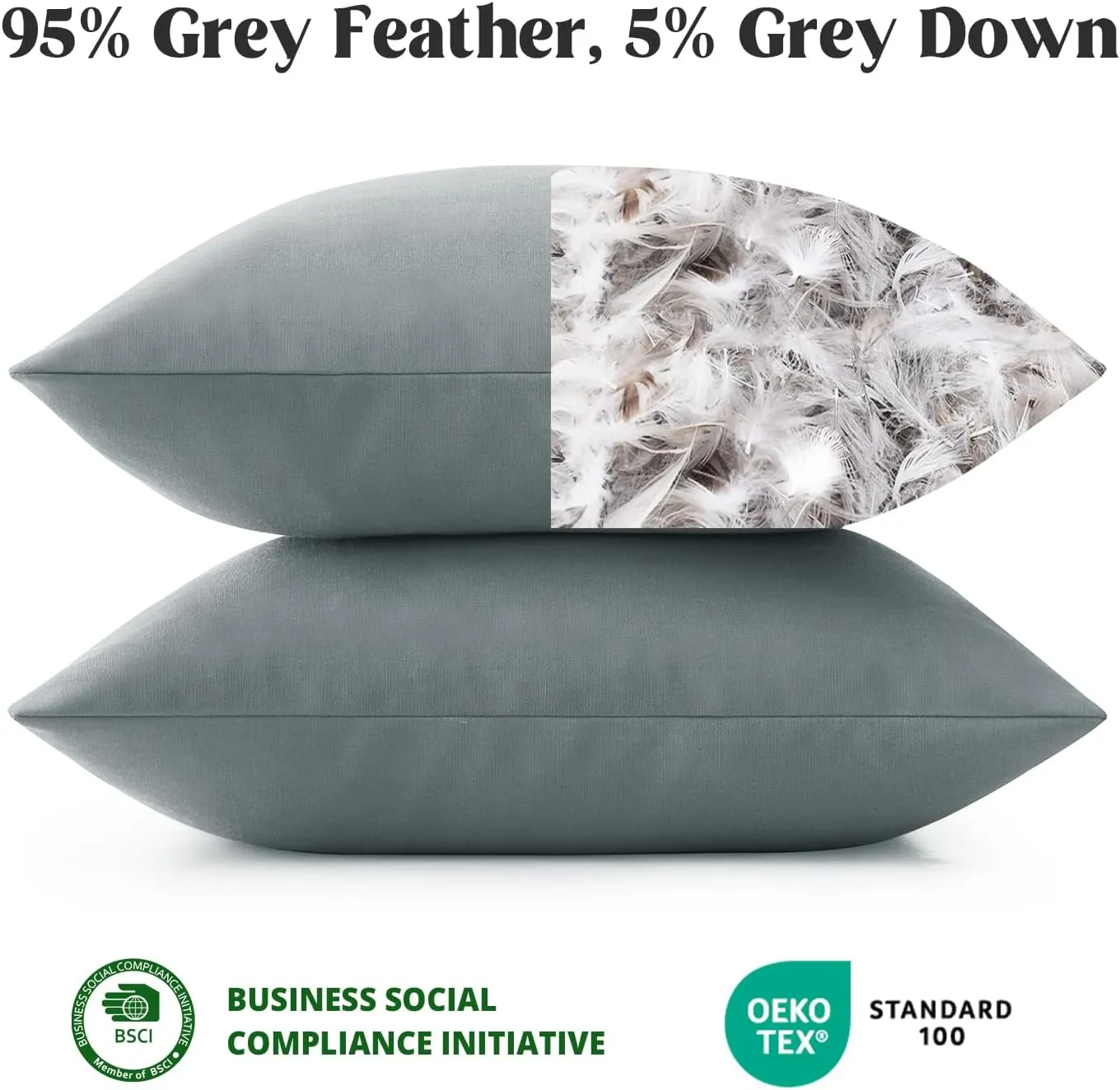 puredown® Outdoor Water Resistant Throw Pillows, Feathers and Down Filled Decorative Pillows for Couch Cushion Garden Bench 12 x 20 Inch, Set of 2, Grey