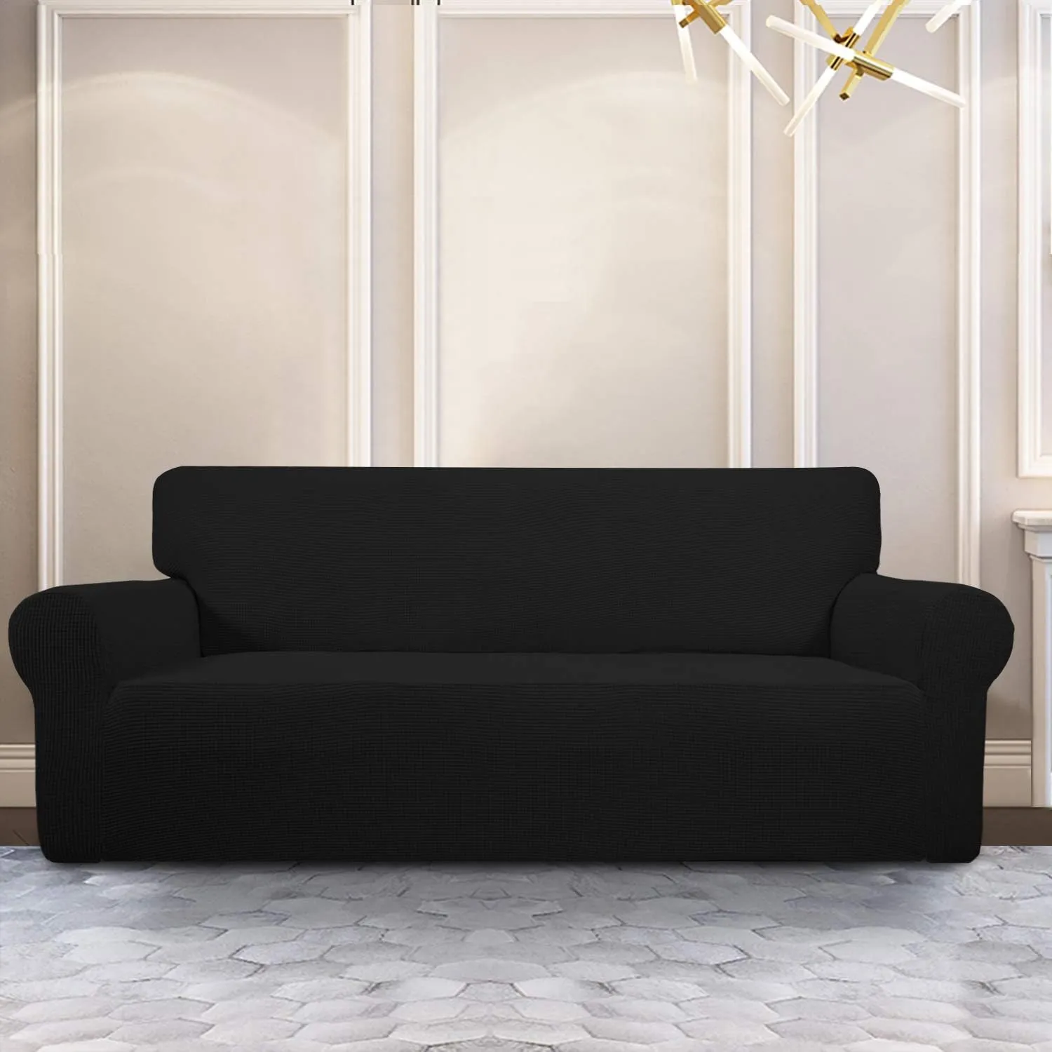 PureFit Stretch Sofa Slipcover – Spandex Jacquard Non Slip Soft Couch Sofa Cover, Washable Furniture Protector with Non Skid Foam and Elastic Bottom for Kids (Sofa, Black)