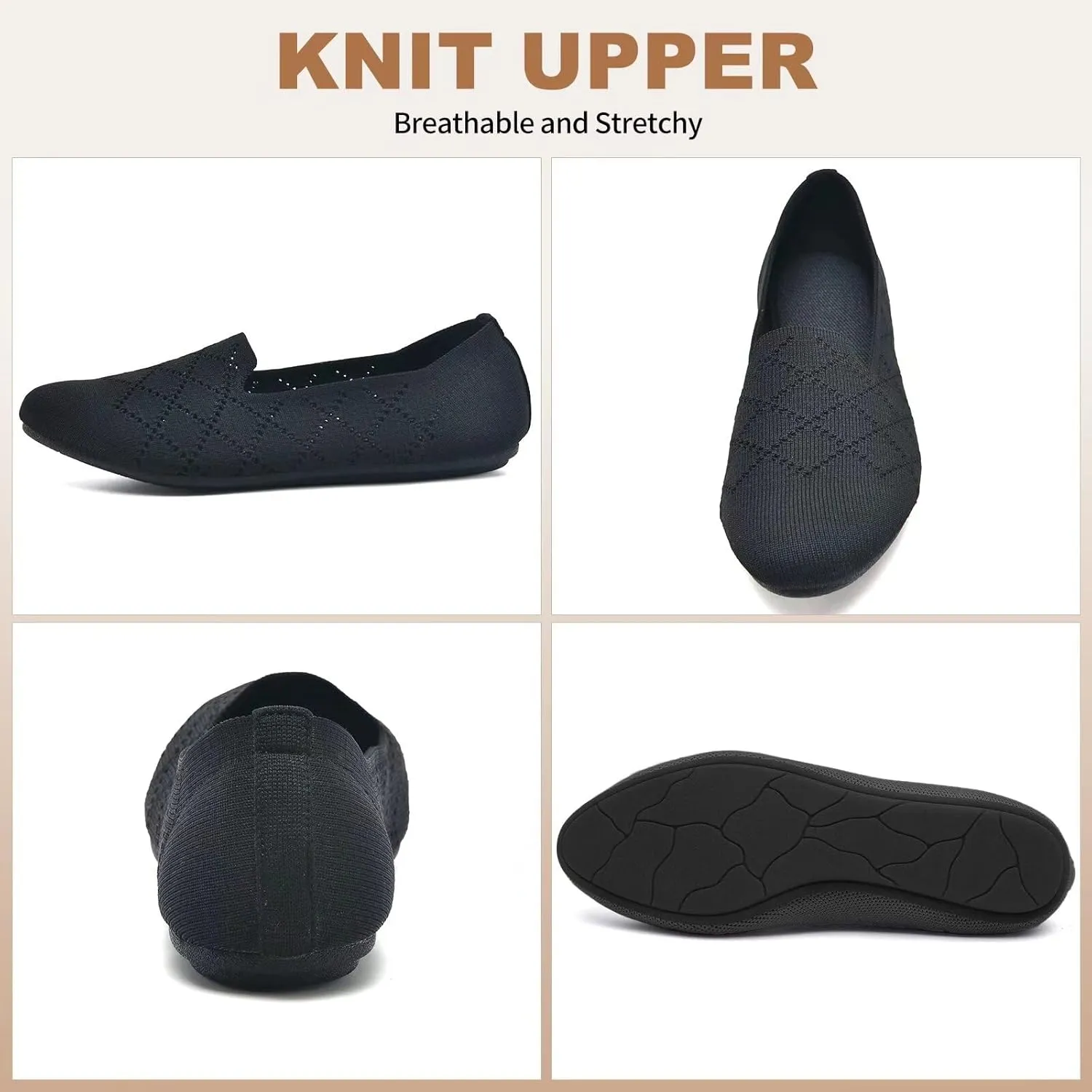 Puxowe Ballet Flats for Women - Stretch Knit Slip-On Low Wedge Shoes, Soft Round Toe Design for Office, Travel & Daily Walking