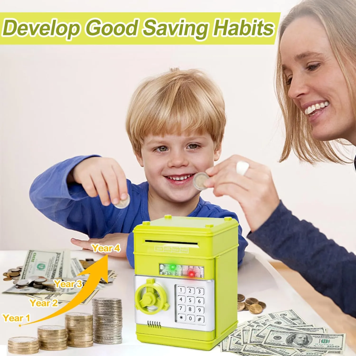 Refasy Piggy Bank Cash Coin Can ATM Bank Electronic Coin Money Bank for Kids Age 3-12, Money Savings Box Mini ATM Coin Bank Toys Gifts for 3 4 5 6 7 8 9 10 11 12 Year Old Boys Girls