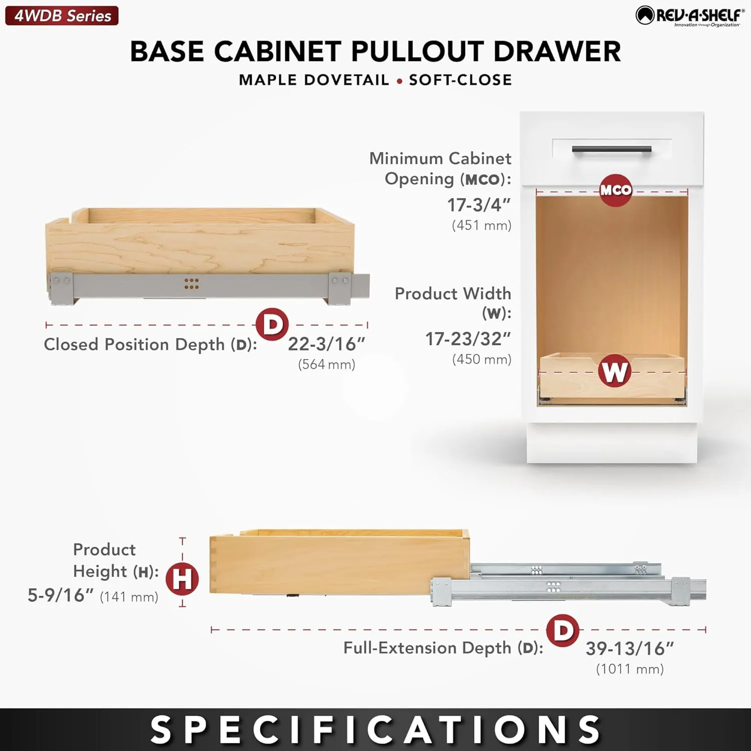 Rev-A-Shelf 17.71" Pullout Kitchen Cabinet Drawer w/Soft-close, 4WDB-18SC-1
