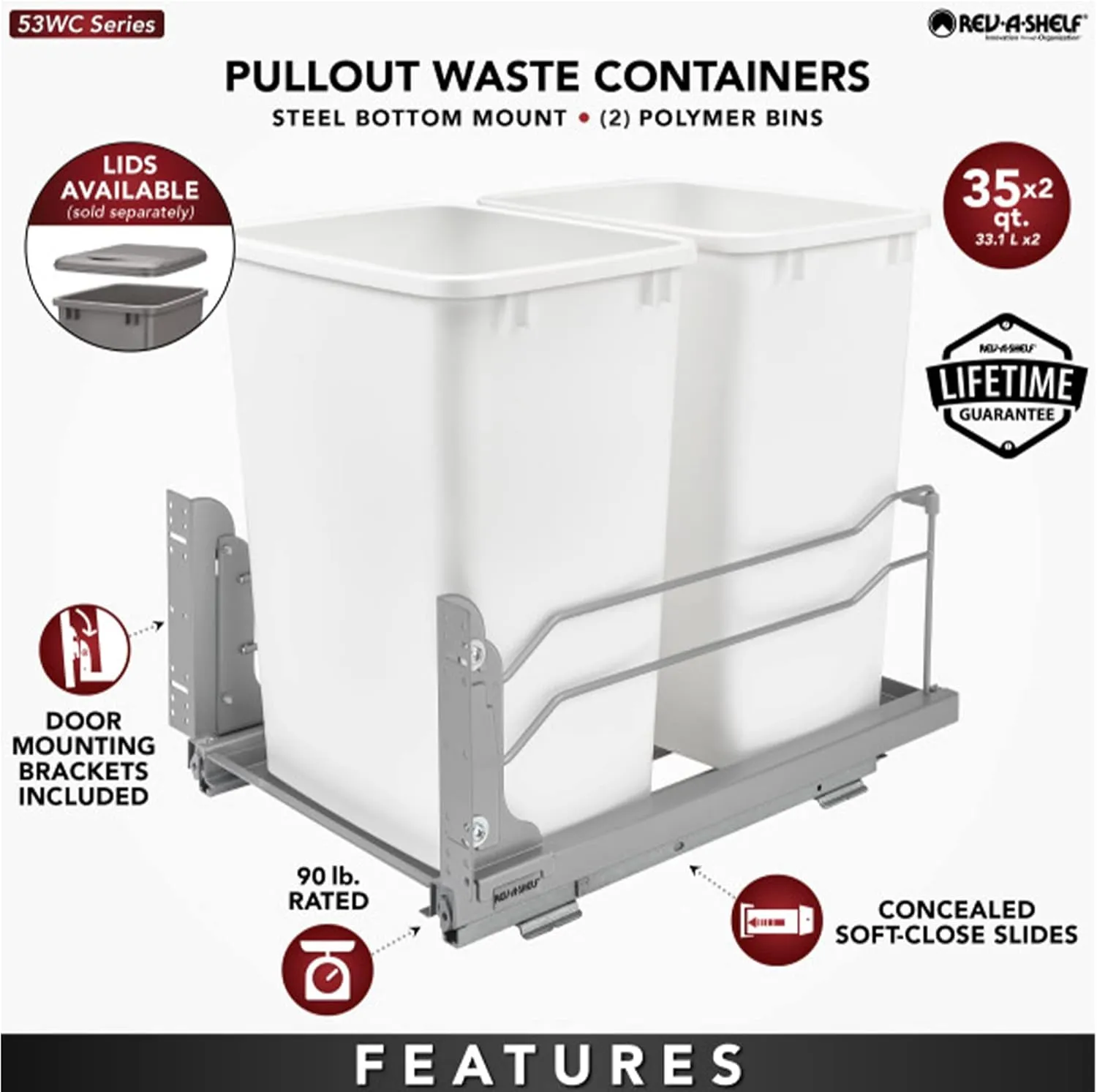 Rev-A-Shelf Double Trash Can Under Kitchen Cabinets Pullout, 35 Quart 8.75 Gallon with Soft-Close Slides, White, 53WC-1835SCDM-211