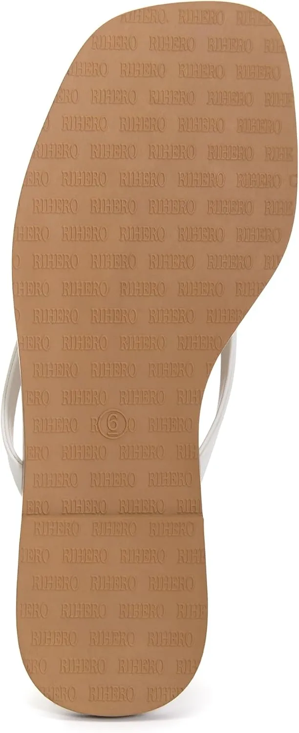 Rihero Flip Flops for Women Comfortable Square Toe Beach Sandals Slip On Leather Thong Flat Sandals Dressy