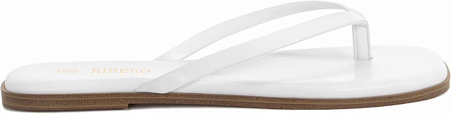 Rihero Flip Flops for Women Comfortable Square Toe Beach Sandals Slip On Leather Thong Flat Sandals Dressy
