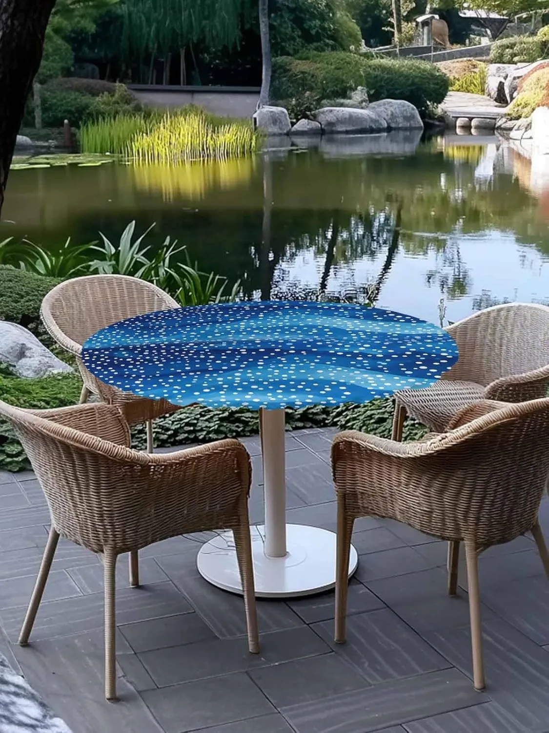 Round Fitted Tablecloth Abstract Blue Wave Point Waterproof Table Cover for Indoor Outdoor Holiday Party Spots Water Ripples Elastic Edged Tablecloths Fit Up 45"-54" Tables