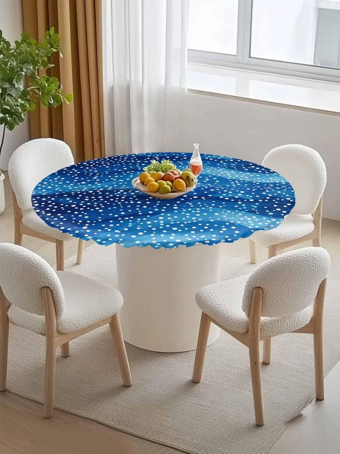 Round Fitted Tablecloth Abstract Blue Wave Point Waterproof Table Cover for Indoor Outdoor Holiday Party Spots Water Ripples Elastic Edged Tablecloths Fit Up 45"-54" Tables