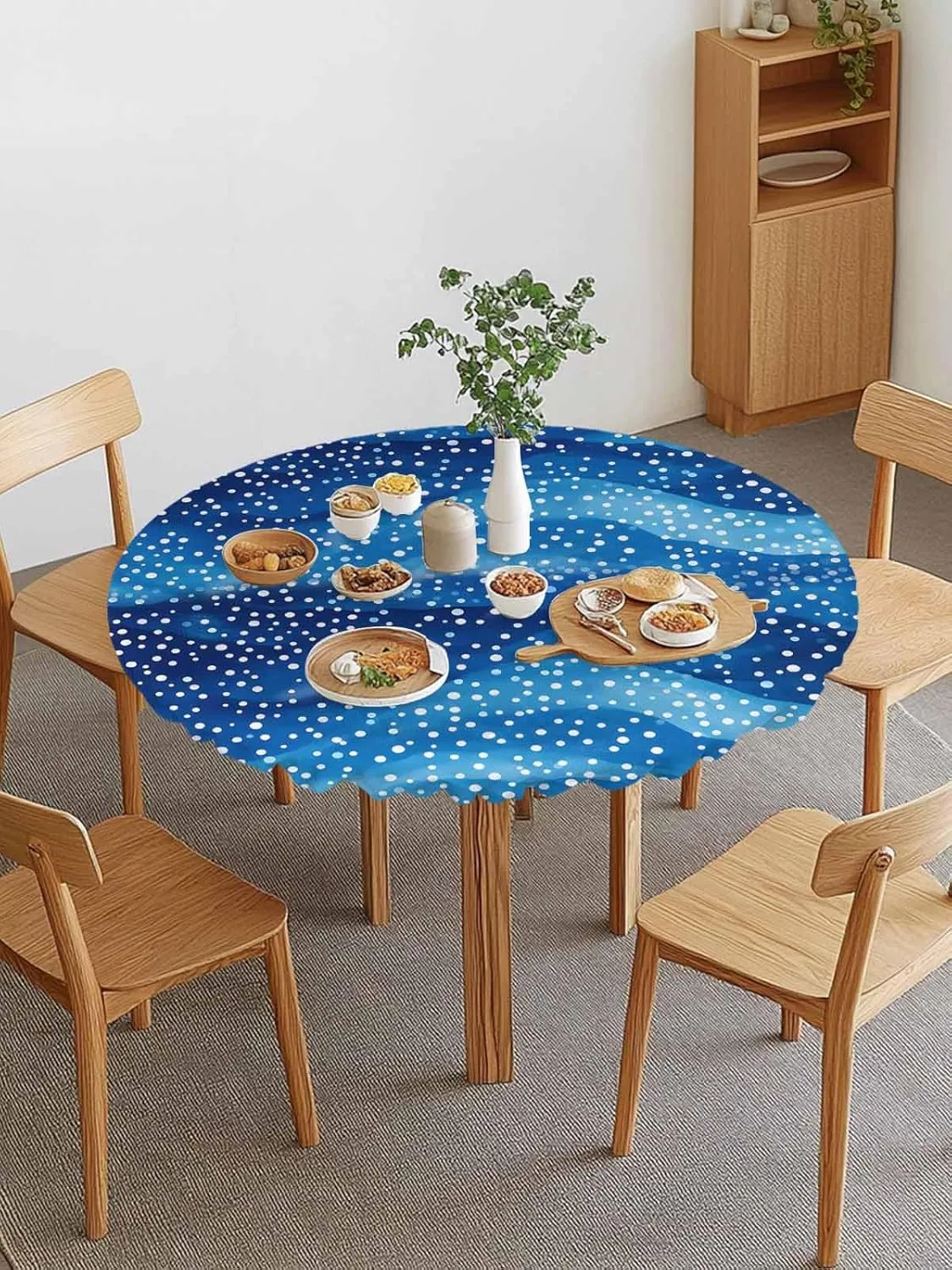 Round Fitted Tablecloth Abstract Blue Wave Point Waterproof Table Cover for Indoor Outdoor Holiday Party Spots Water Ripples Elastic Edged Tablecloths Fit Up 45"-54" Tables