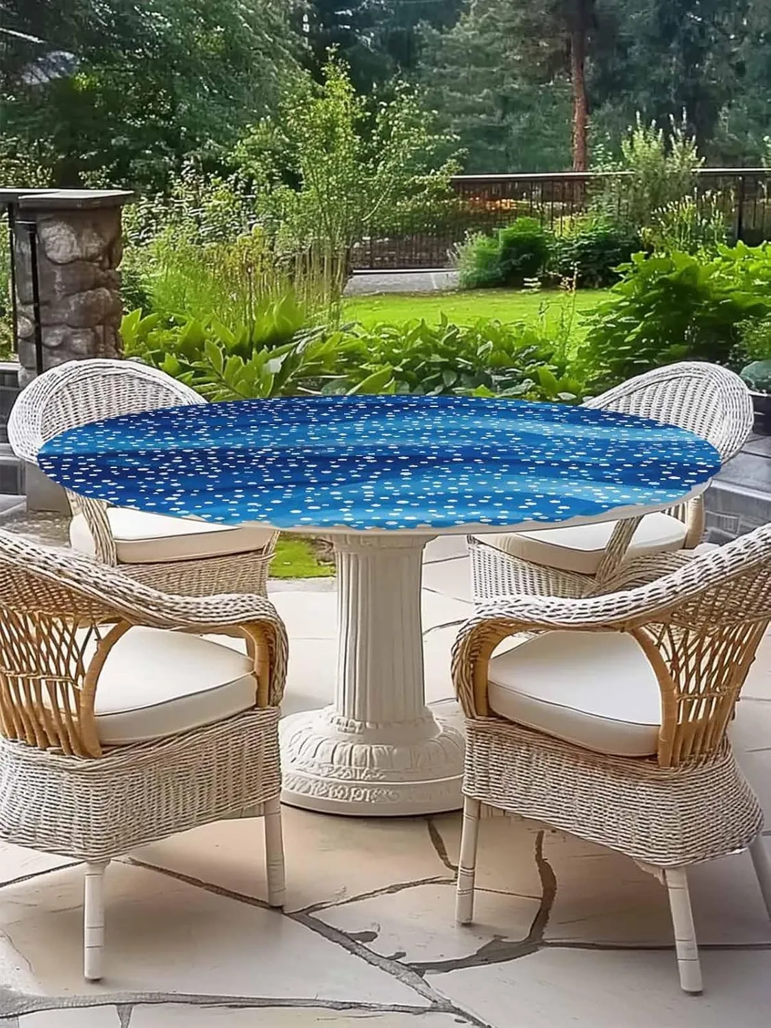 Round Fitted Tablecloth Abstract Blue Wave Point Waterproof Table Cover for Indoor Outdoor Holiday Party Spots Water Ripples Elastic Edged Tablecloths Fit Up 45"-54" Tables