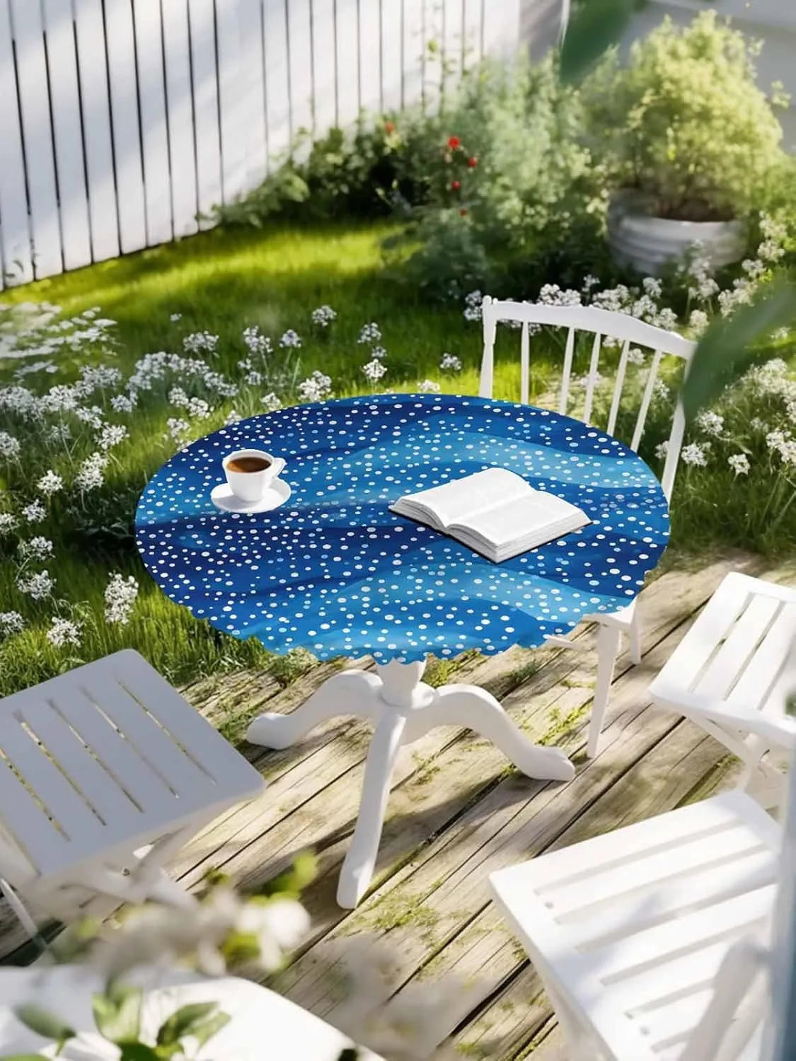Round Fitted Tablecloth Abstract Blue Wave Point Waterproof Table Cover for Indoor Outdoor Holiday Party Spots Water Ripples Elastic Edged Tablecloths Fit Up 45"-54" Tables