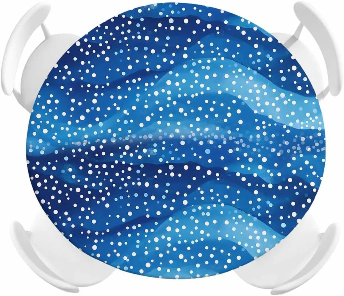 Round Fitted Tablecloth Abstract Blue Wave Point Waterproof Table Cover for Indoor Outdoor Holiday Party Spots Water Ripples Elastic Edged Tablecloths Fit Up 45"-54" Tables