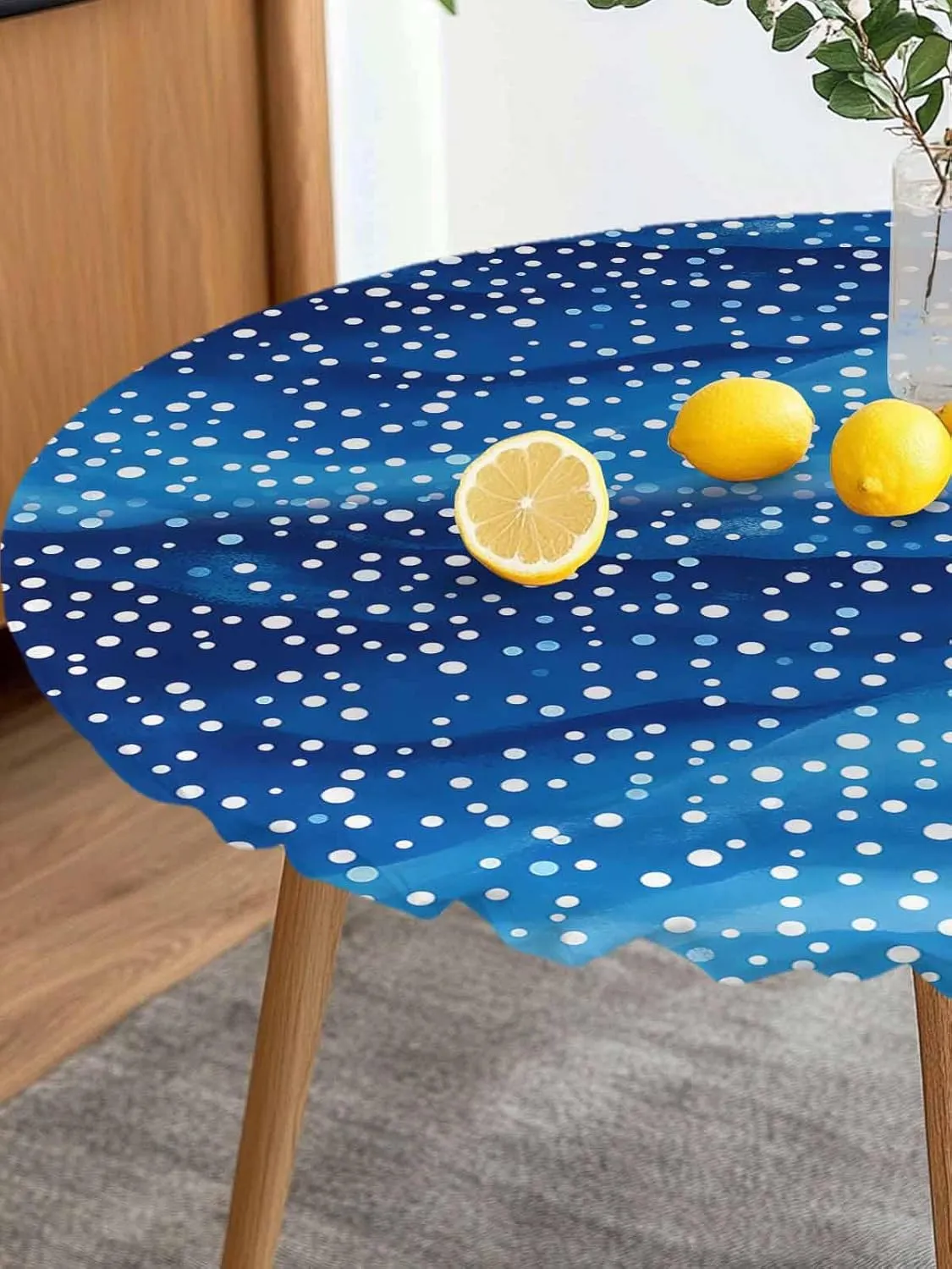 Round Fitted Tablecloth Abstract Blue Wave Point Waterproof Table Cover for Indoor Outdoor Holiday Party Spots Water Ripples Elastic Edged Tablecloths Fit Up 45"-54" Tables
