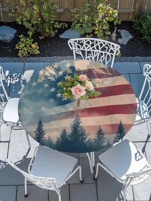 Round Fitted Tablecloth - Misty American Flag Mountain Waterproof Table Cover for Indoor Outdoor Holiday Party, National Flag Memorial Day Elastic Edged Tablecloths Fit Up 45"-54" Tables