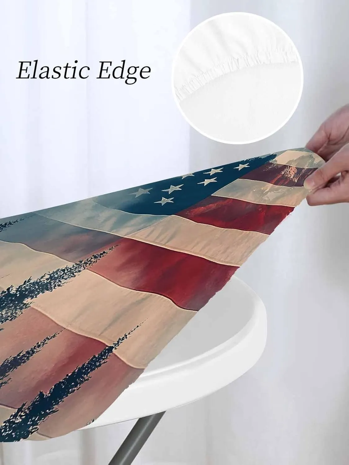 Round Fitted Tablecloth - Misty American Flag Mountain Waterproof Table Cover for Indoor Outdoor Holiday Party, National Flag Memorial Day Elastic Edged Tablecloths Fit Up 45"-54" Tables