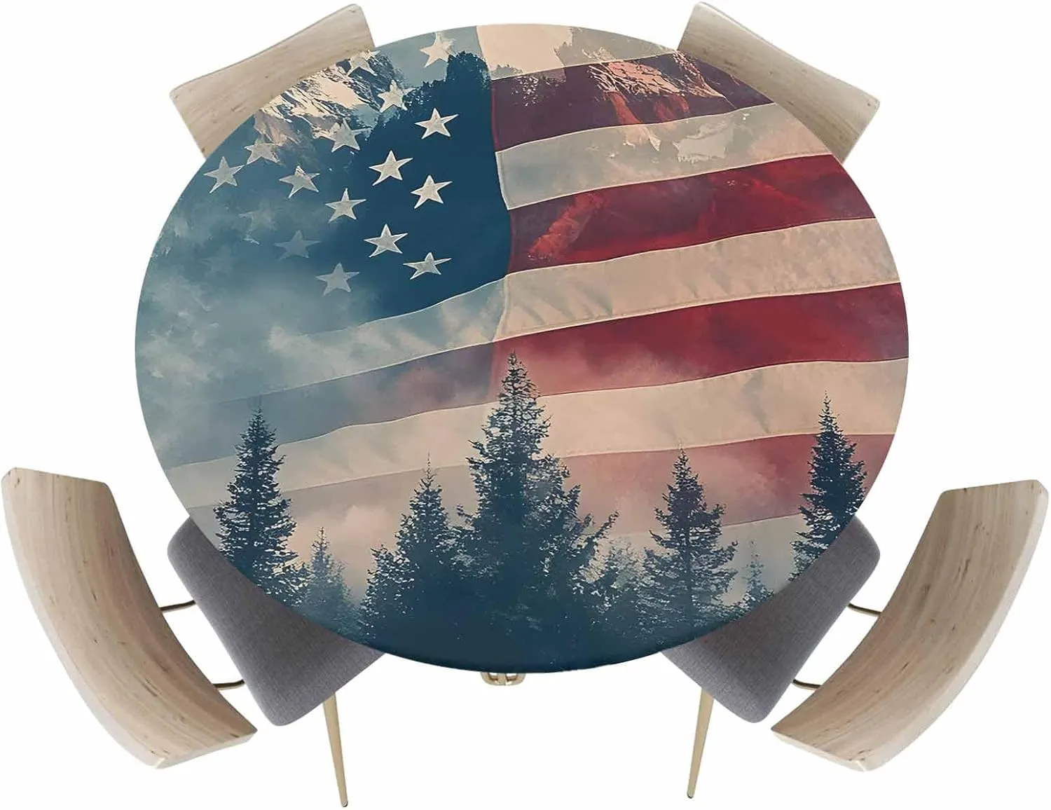 Round Fitted Tablecloth - Misty American Flag Mountain Waterproof Table Cover for Indoor Outdoor Holiday Party, National Flag Memorial Day Elastic Edged Tablecloths Fit Up 45"-54" Tables