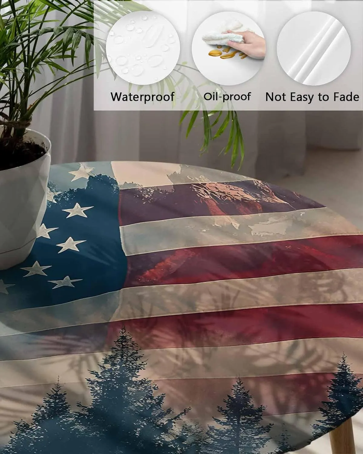 Round Fitted Tablecloth - Misty American Flag Mountain Waterproof Table Cover for Indoor Outdoor Holiday Party, National Flag Memorial Day Elastic Edged Tablecloths Fit Up 45"-54" Tables