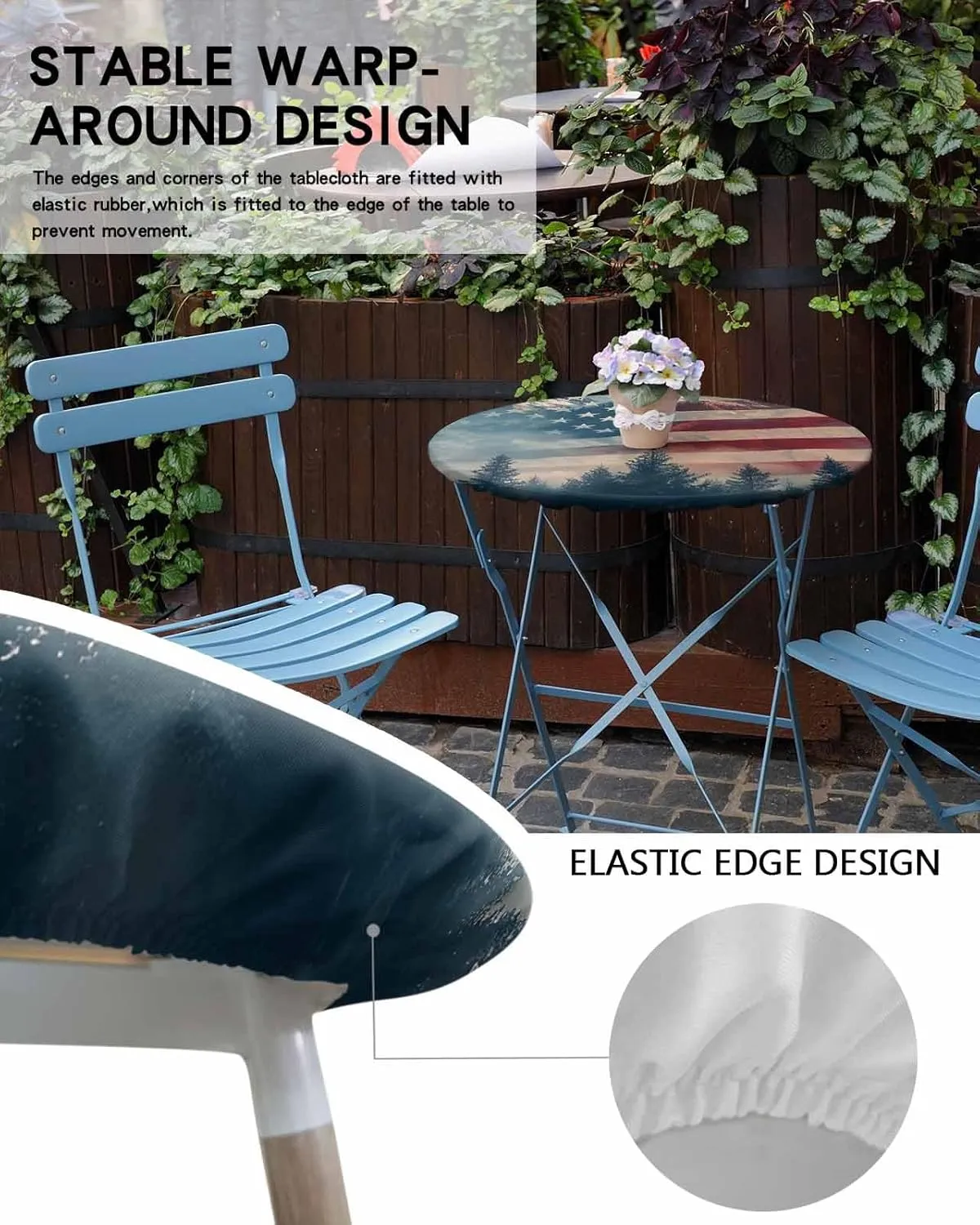 Round Fitted Tablecloth - Misty American Flag Mountain Waterproof Table Cover for Indoor Outdoor Holiday Party, National Flag Memorial Day Elastic Edged Tablecloths Fit Up 45"-54" Tables