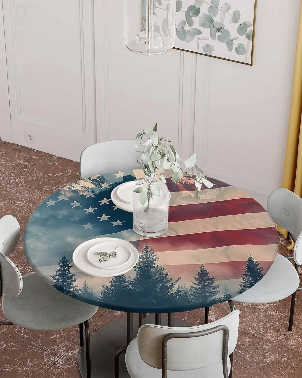 Round Fitted Tablecloth - Misty American Flag Mountain Waterproof Table Cover for Indoor Outdoor Holiday Party, National Flag Memorial Day Elastic Edged Tablecloths Fit Up 45"-54" Tables