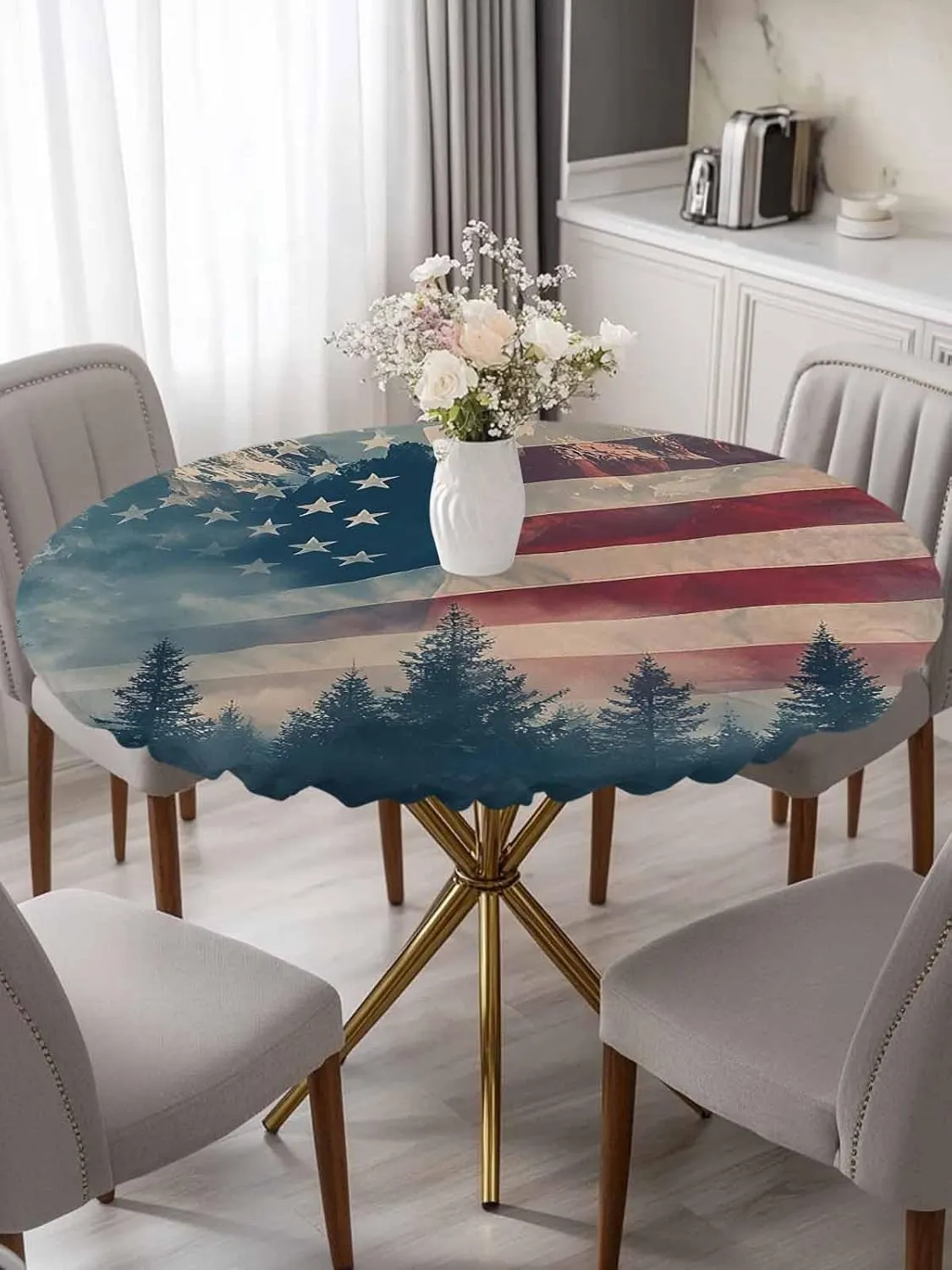 Round Fitted Tablecloth - Misty American Flag Mountain Waterproof Table Cover for Indoor Outdoor Holiday Party, National Flag Memorial Day Elastic Edged Tablecloths Fit Up 45"-54" Tables