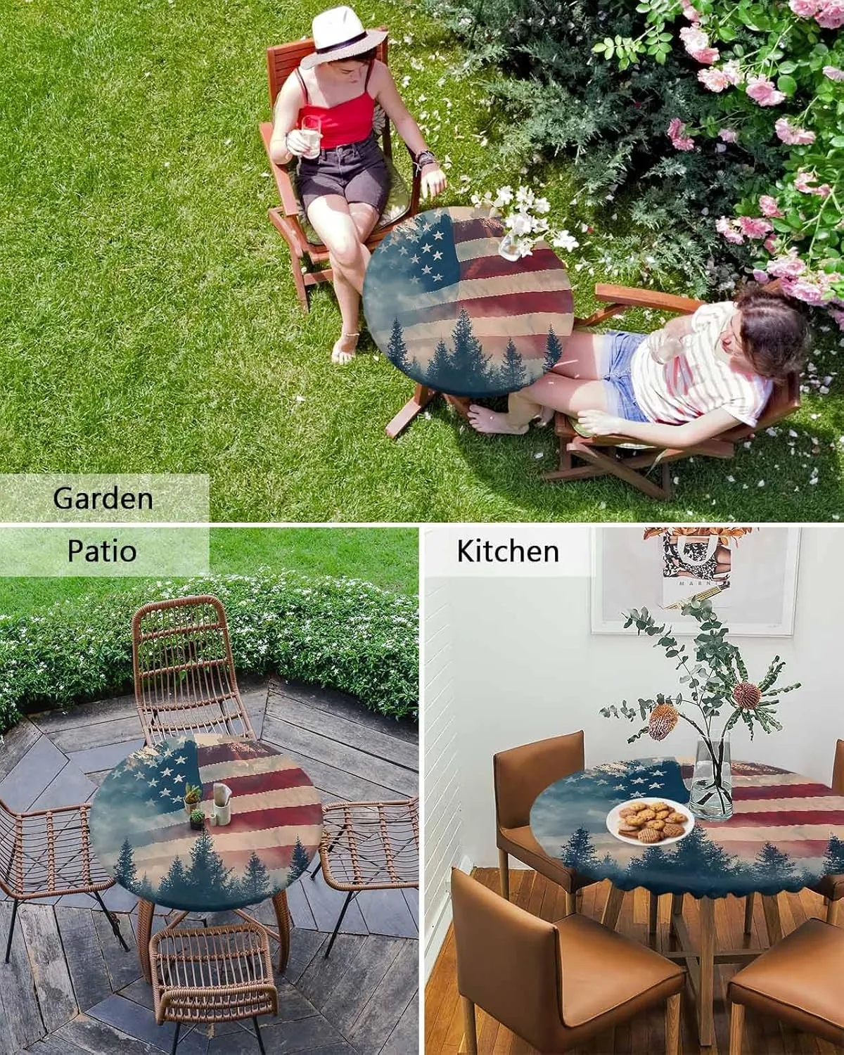 Round Fitted Tablecloth - Misty American Flag Mountain Waterproof Table Cover for Indoor Outdoor Holiday Party, National Flag Memorial Day Elastic Edged Tablecloths Fit Up 45"-54" Tables