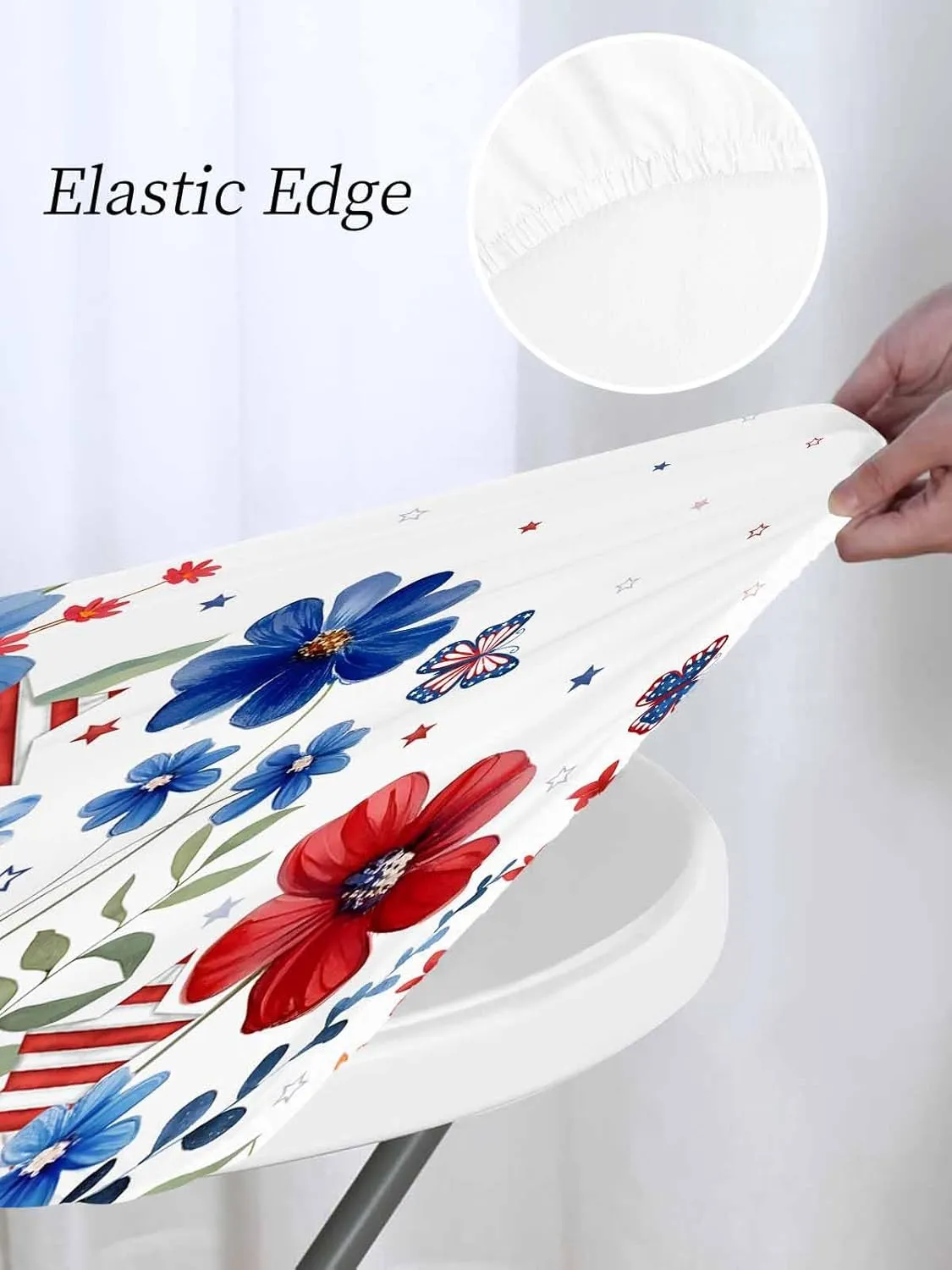 Round Fitted Tablecloth - Pastoral American Flag Flowers Waterproof Table Cover for Indoor Outdoor Holiday Party, Patriotic Butterfly Stars Elastic Edged Tablecloths Fit Up 45"-54" Tables