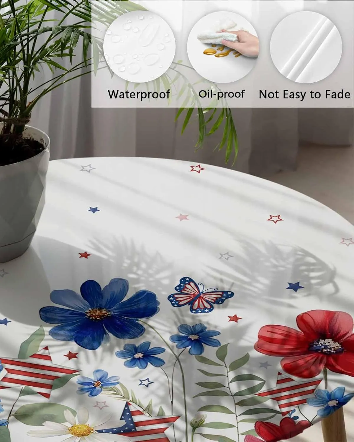 Round Fitted Tablecloth - Pastoral American Flag Flowers Waterproof Table Cover for Indoor Outdoor Holiday Party, Patriotic Butterfly Stars Elastic Edged Tablecloths Fit Up 45"-54" Tables