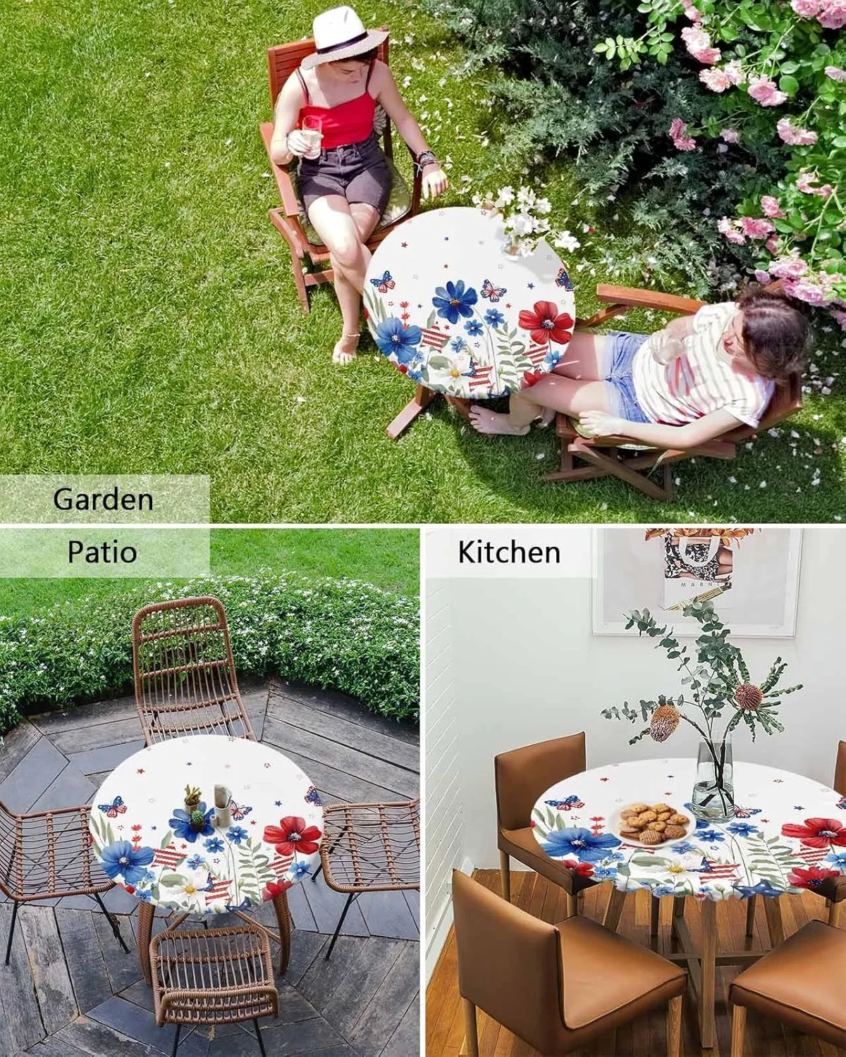 Round Fitted Tablecloth - Pastoral American Flag Flowers Waterproof Table Cover for Indoor Outdoor Holiday Party, Patriotic Butterfly Stars Elastic Edged Tablecloths Fit Up 45"-54" Tables