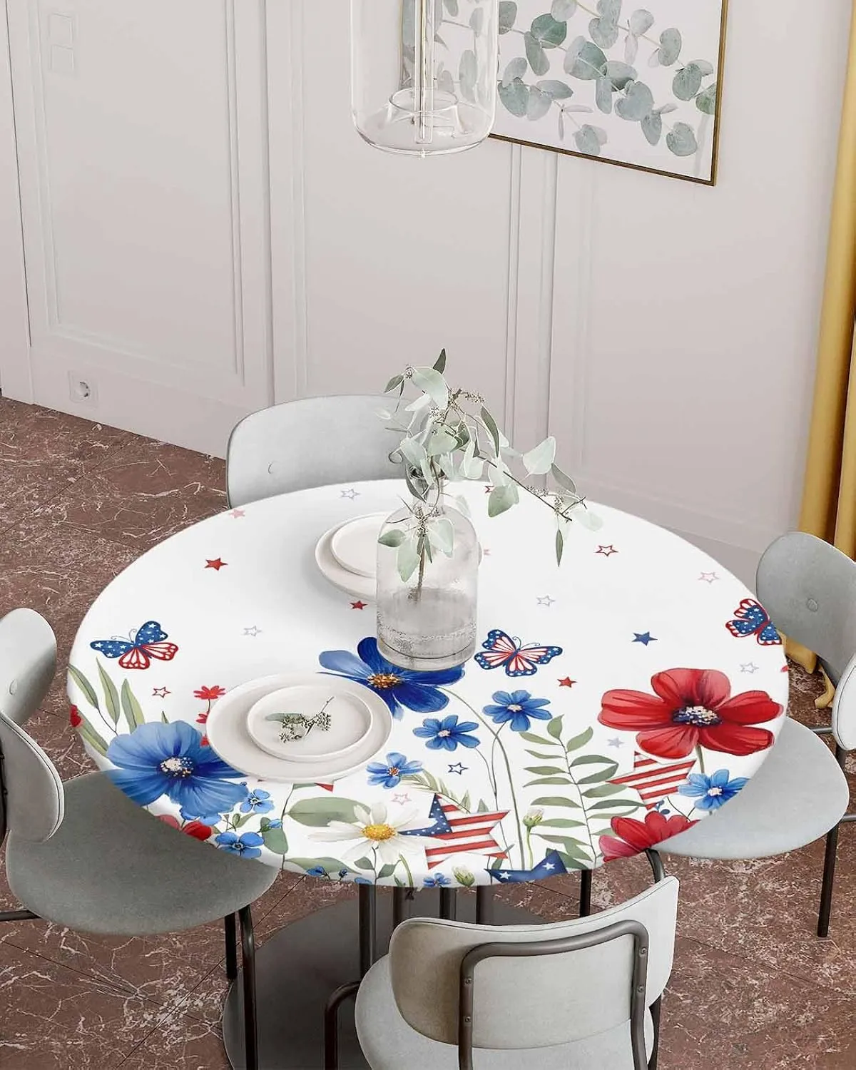 Round Fitted Tablecloth - Pastoral American Flag Flowers Waterproof Table Cover for Indoor Outdoor Holiday Party, Patriotic Butterfly Stars Elastic Edged Tablecloths Fit Up 45"-54" Tables