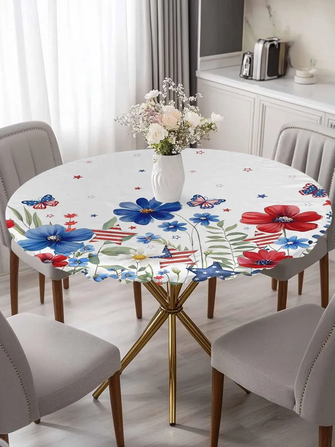 Round Fitted Tablecloth - Pastoral American Flag Flowers Waterproof Table Cover for Indoor Outdoor Holiday Party, Patriotic Butterfly Stars Elastic Edged Tablecloths Fit Up 45"-54" Tables