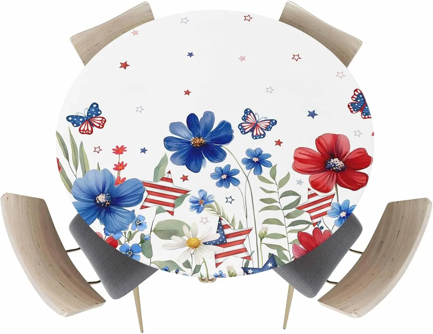 Round Fitted Tablecloth - Pastoral American Flag Flowers Waterproof Table Cover for Indoor Outdoor Holiday Party, Patriotic Butterfly Stars Elastic Edged Tablecloths Fit Up 45"-54" Tables
